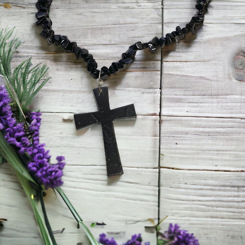 Black Onyx Cross with Onyx stone chips necklace Minimalist neutral
